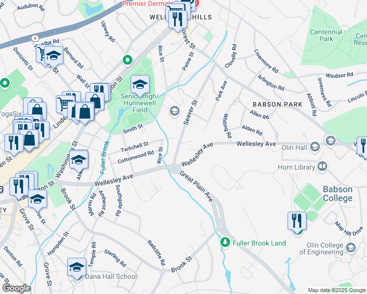 map of restaurants, bars, coffee shops, grocery stores, and more near 75 Hopkinson Street in Wellesley
