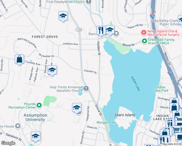 map of restaurants, bars, coffee shops, grocery stores, and more near 7 Chester Street in Worcester