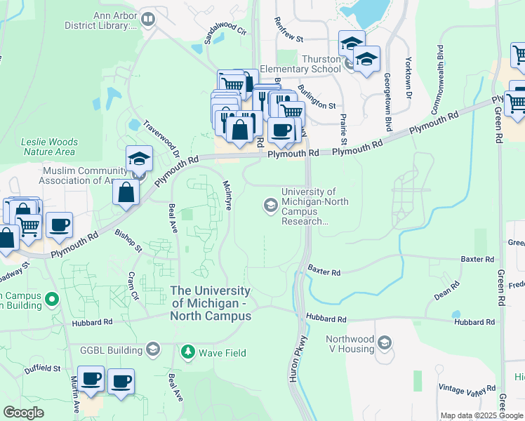 map of restaurants, bars, coffee shops, grocery stores, and more near 2800 Plymouth Rd in Ann Arbor Charter Township