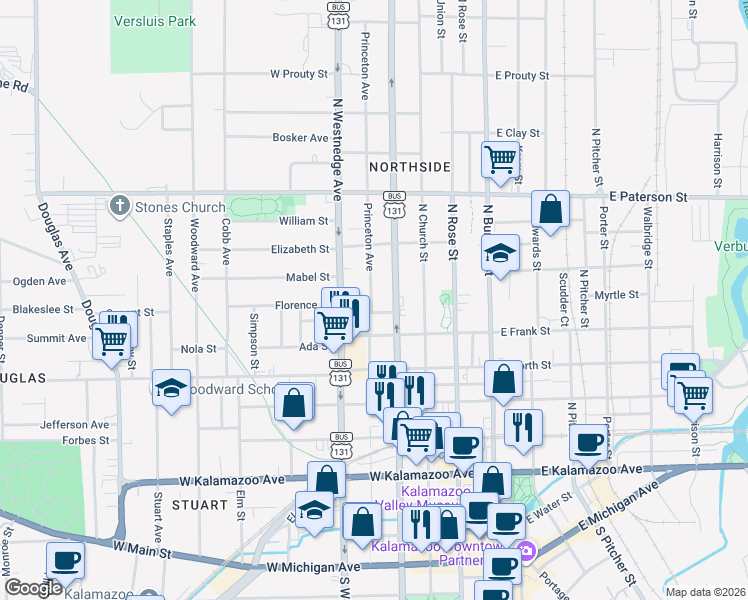 map of restaurants, bars, coffee shops, grocery stores, and more near 936 Princeton Avenue in Kalamazoo