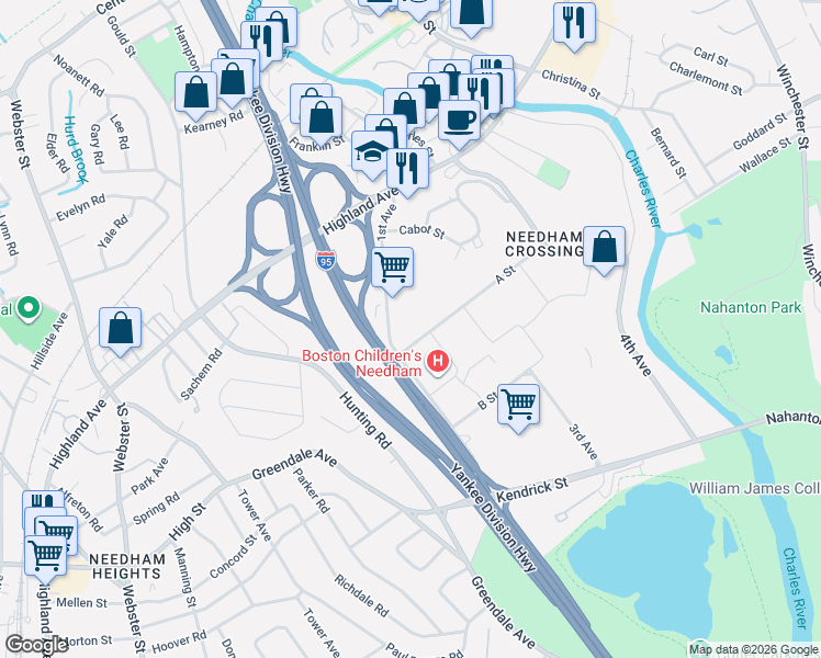 map of restaurants, bars, coffee shops, grocery stores, and more near 250 1st Ave in Needham Heights