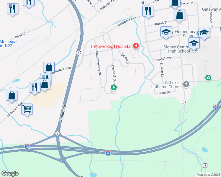 map of restaurants, bars, coffee shops, grocery stores, and more near 38 Overlook Dr in Sidney