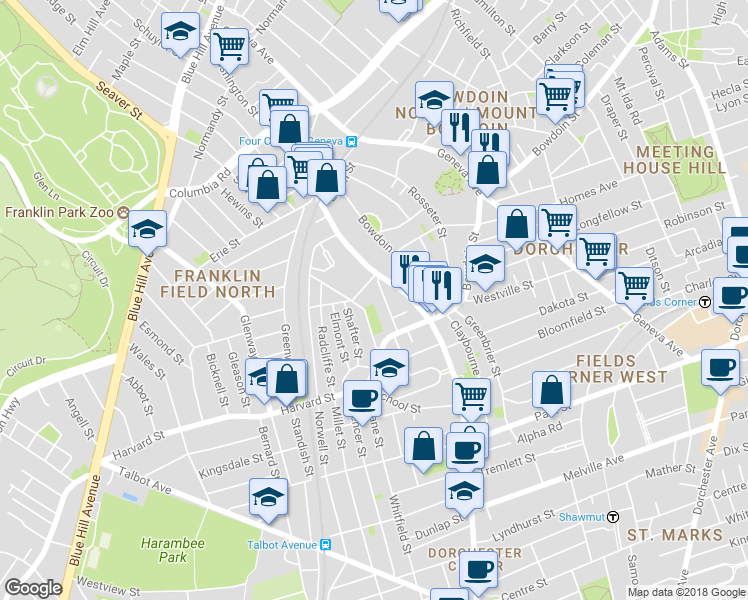 map of restaurants, bars, coffee shops, grocery stores, and more near 22 Harvard Avenue in Boston