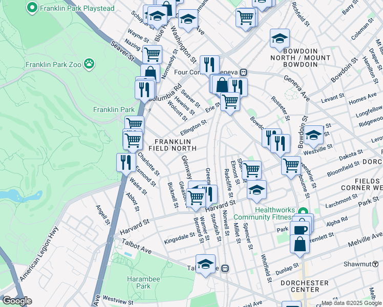 map of restaurants, bars, coffee shops, grocery stores, and more near 32 Harlem Street in Boston