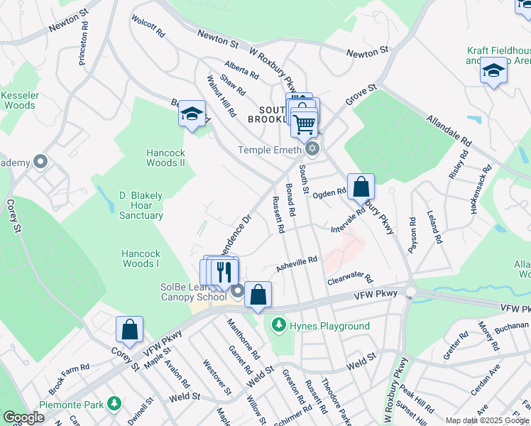 map of restaurants, bars, coffee shops, grocery stores, and more near 358 Russett Road in Brookline