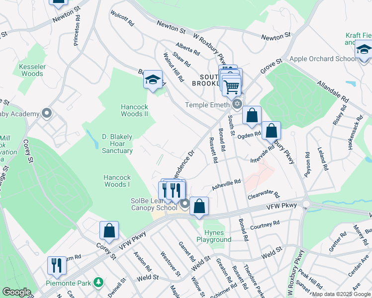 map of restaurants, bars, coffee shops, grocery stores, and more near in Brookline