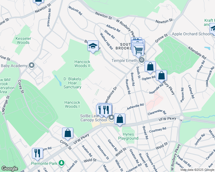 map of restaurants, bars, coffee shops, grocery stores, and more near 54 Gerry Road in Brookline
