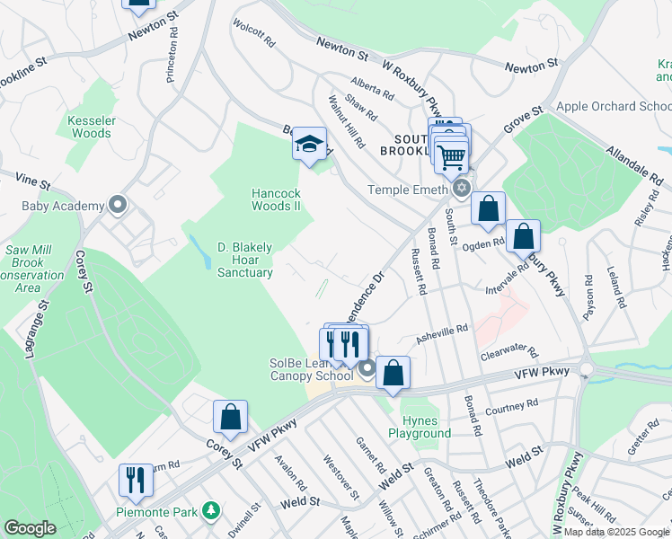 map of restaurants, bars, coffee shops, grocery stores, and more near 54 Gerry Road in Brookline