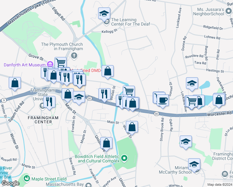 map of restaurants, bars, coffee shops, grocery stores, and more near 43 Beulah Street in Framingham