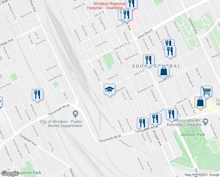 map of restaurants, bars, coffee shops, grocery stores, and more near 1412 Janette Avenue in Windsor