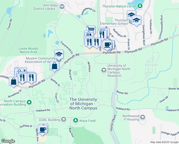 map of restaurants, bars, coffee shops, grocery stores, and more near 2901 Baxter Rd in Ann Arbor Charter Township