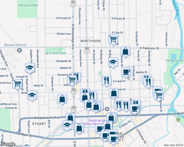 map of restaurants, bars, coffee shops, grocery stores, and more near 912 North Park Street in Kalamazoo
