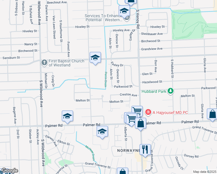 map of restaurants, bars, coffee shops, grocery stores, and more near 1342 Alvin St in Westland