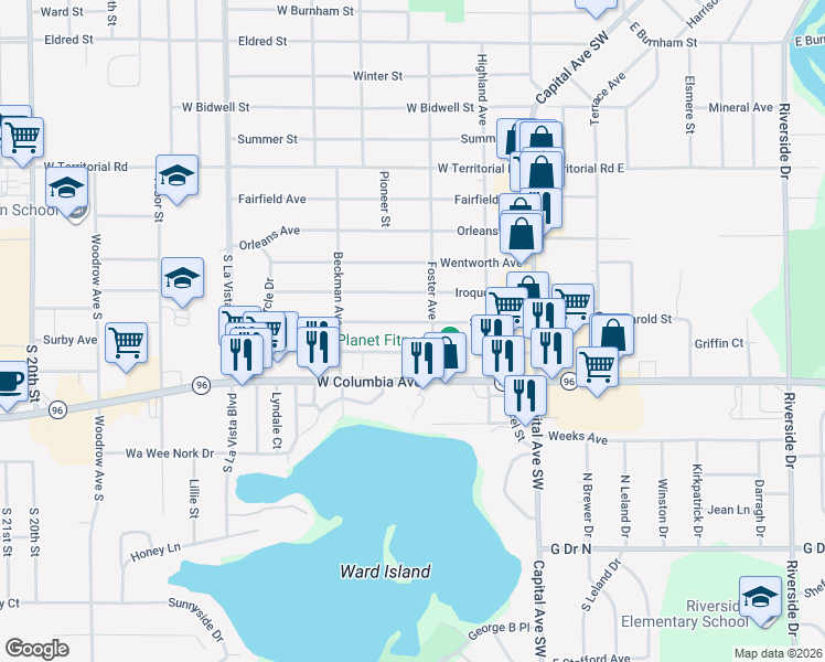 map of restaurants, bars, coffee shops, grocery stores, and more near 335 Surby Avenue in Battle Creek