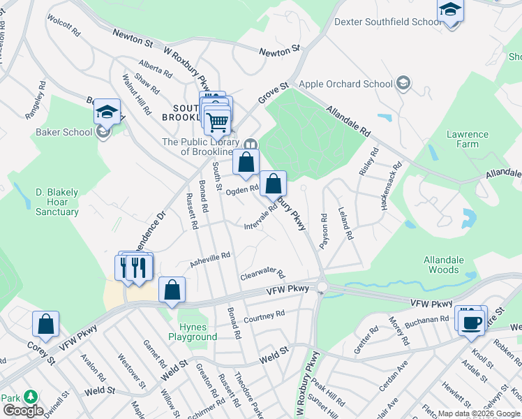 map of restaurants, bars, coffee shops, grocery stores, and more near 27 Woodcliff Road in Brookline