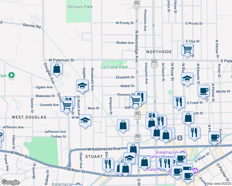 map of restaurants, bars, coffee shops, grocery stores, and more near 634 Florence Street in Kalamazoo