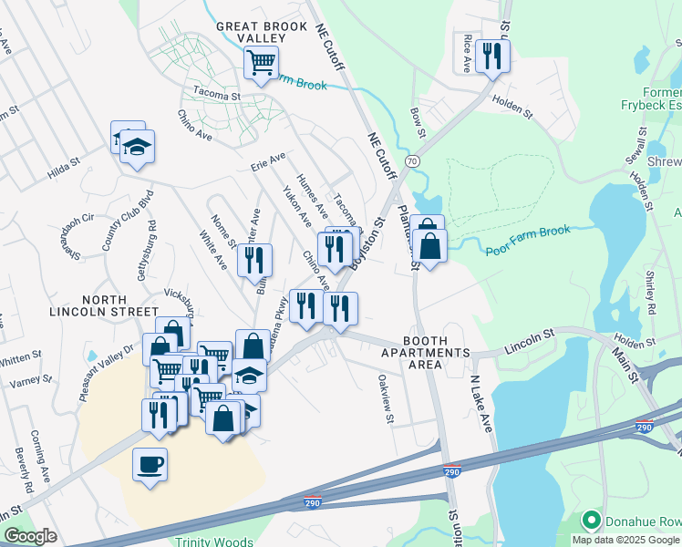 map of restaurants, bars, coffee shops, grocery stores, and more near 20 Boylston Street in Worcester