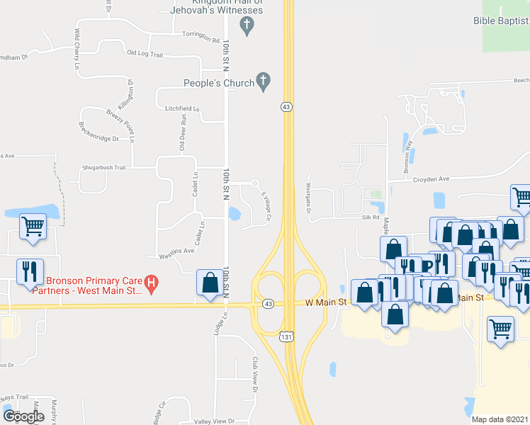 map of restaurants, bars, coffee shops, grocery stores, and more near 1243 South Village Circle in Kalamazoo