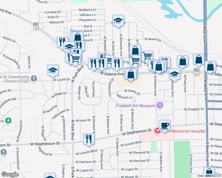 map of restaurants, bars, coffee shops, grocery stores, and more near 1356 Crestwood Drive in Freeport