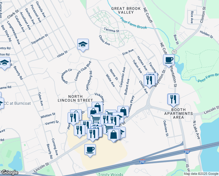 map of restaurants, bars, coffee shops, grocery stores, and more near 42 Wayside Road in Worcester