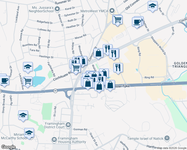 map of restaurants, bars, coffee shops, grocery stores, and more near 45 Walsh Street in Framingham