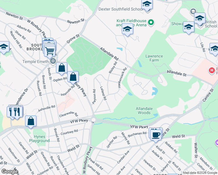 map of restaurants, bars, coffee shops, grocery stores, and more near 98 Risley Road in Brookline