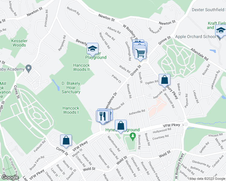 map of restaurants, bars, coffee shops, grocery stores, and more near 30 Gerry Road in Brookline