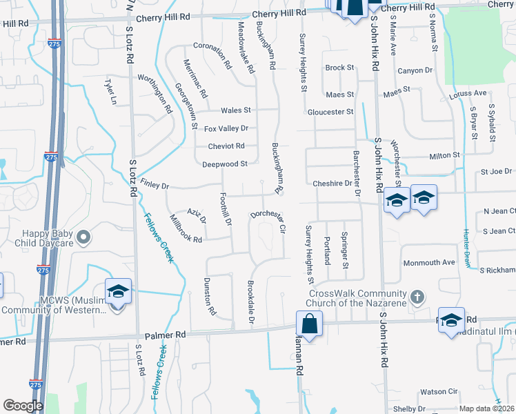 map of restaurants, bars, coffee shops, grocery stores, and more near 39558 Dorchester Circle in Canton