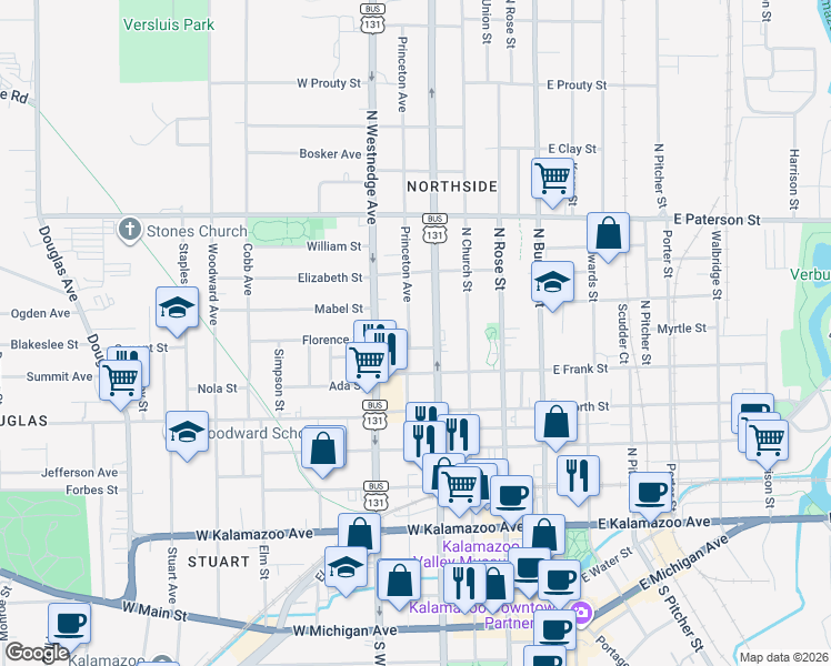 map of restaurants, bars, coffee shops, grocery stores, and more near 936 Princeton Avenue in Kalamazoo