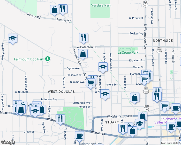map of restaurants, bars, coffee shops, grocery stores, and more near 1105 Mason Street in Kalamazoo