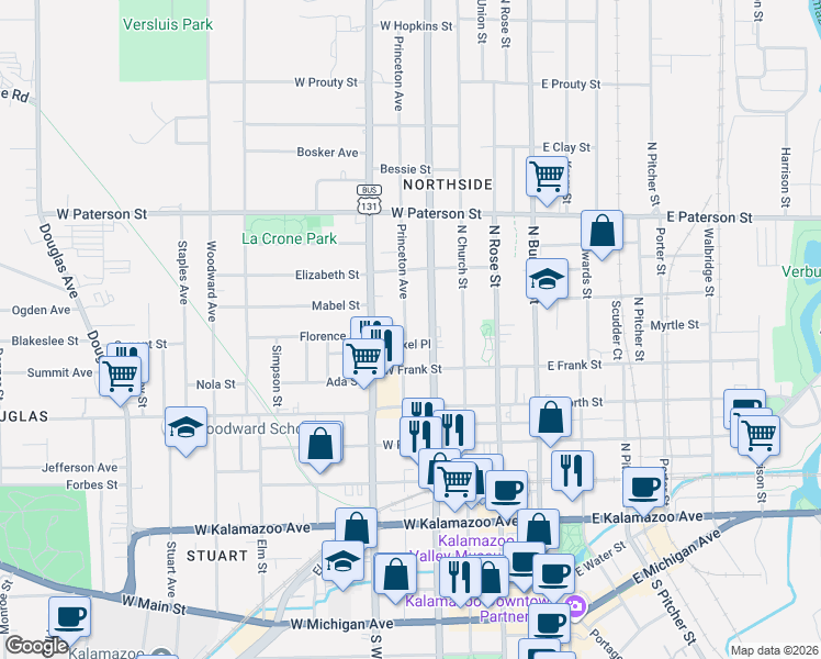 map of restaurants, bars, coffee shops, grocery stores, and more near 912 Princeton Avenue in Kalamazoo
