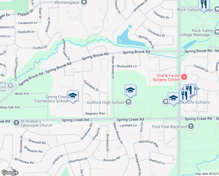 map of restaurants, bars, coffee shops, grocery stores, and more near 2733 Bordeaux Drive in Rockford