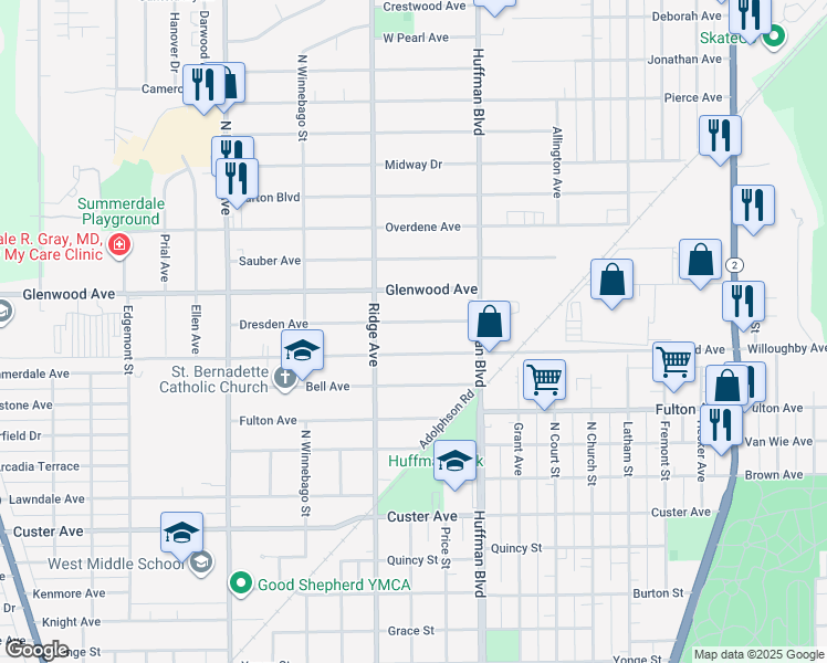 map of restaurants, bars, coffee shops, grocery stores, and more near 1928 Dresden Avenue in Rockford