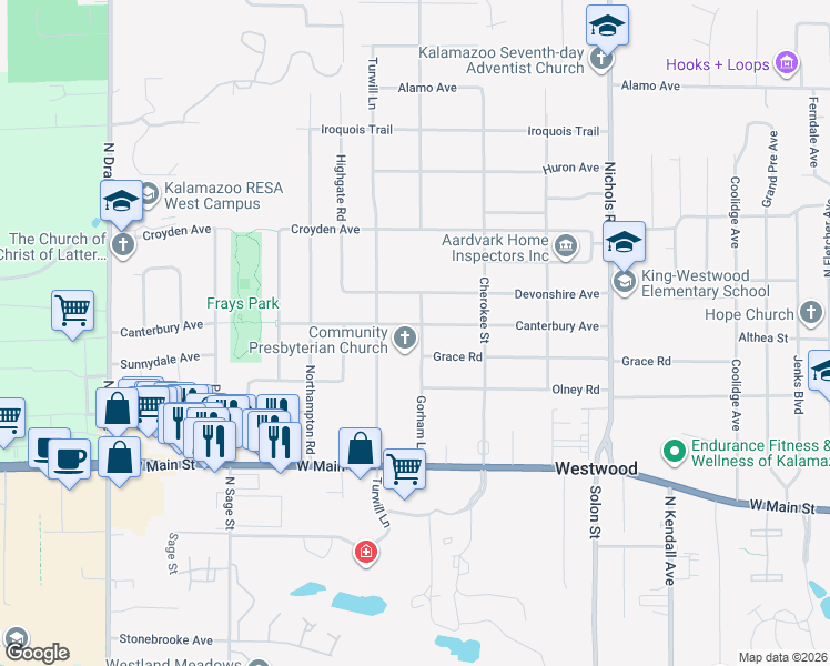 map of restaurants, bars, coffee shops, grocery stores, and more near 3809 Canterbury Avenue in Kalamazoo