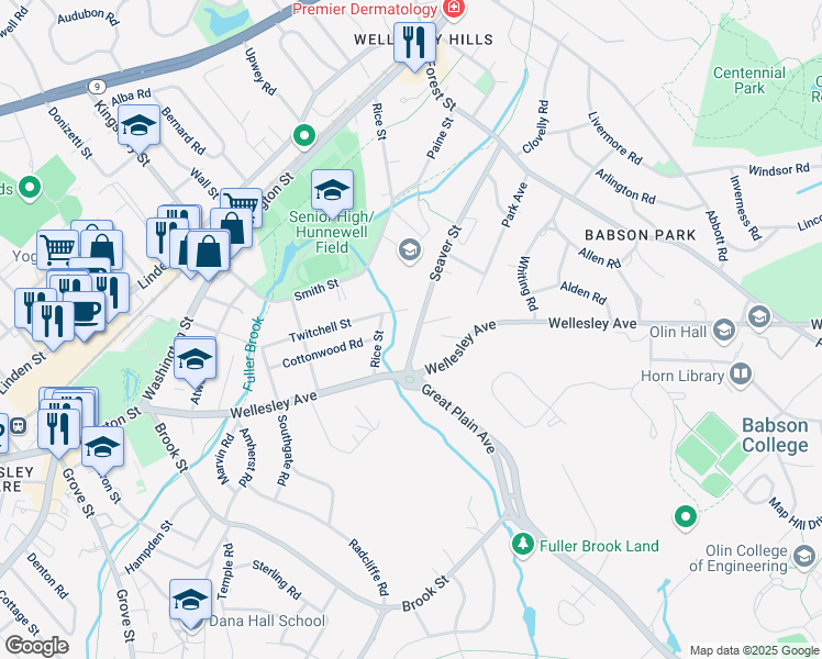 map of restaurants, bars, coffee shops, grocery stores, and more near 75 Hopkinson Street in Wellesley