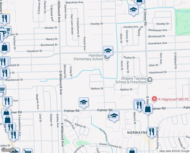 map of restaurants, bars, coffee shops, grocery stores, and more near 33703 Hazelwood St in Westland