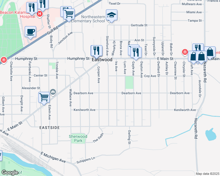 map of restaurants, bars, coffee shops, grocery stores, and more near 816 Washburn Avenue in Kalamazoo