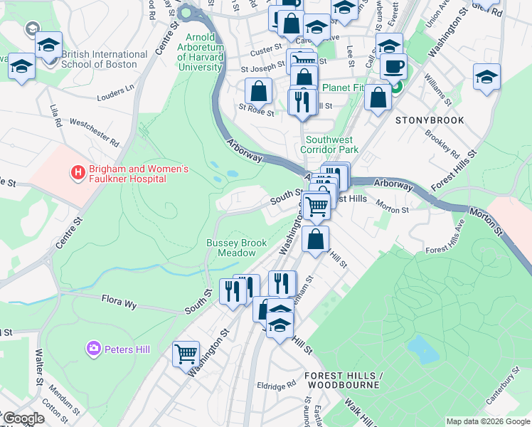 map of restaurants, bars, coffee shops, grocery stores, and more near 20 Martinwood Road in Boston