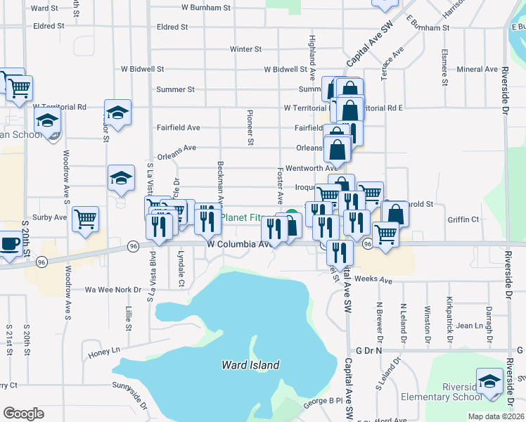 map of restaurants, bars, coffee shops, grocery stores, and more near 335 Surby Avenue in Battle Creek