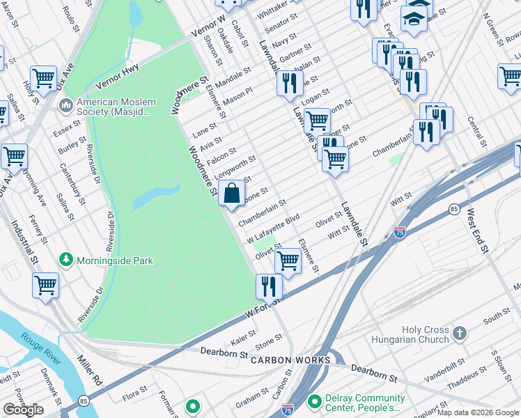 map of restaurants, bars, coffee shops, grocery stores, and more near 9170 Chamberlain Street in Detroit