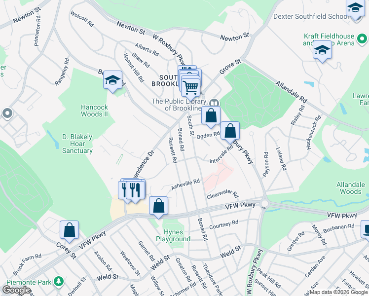 map of restaurants, bars, coffee shops, grocery stores, and more near 223 Bonad Road in Brookline