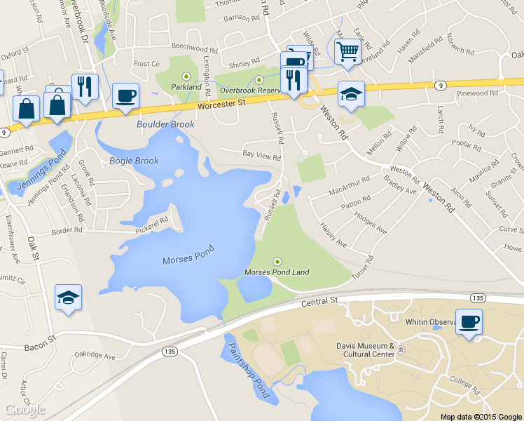 map of restaurants, bars, coffee shops, grocery stores, and more near 1 Beach Rd in Wellesley