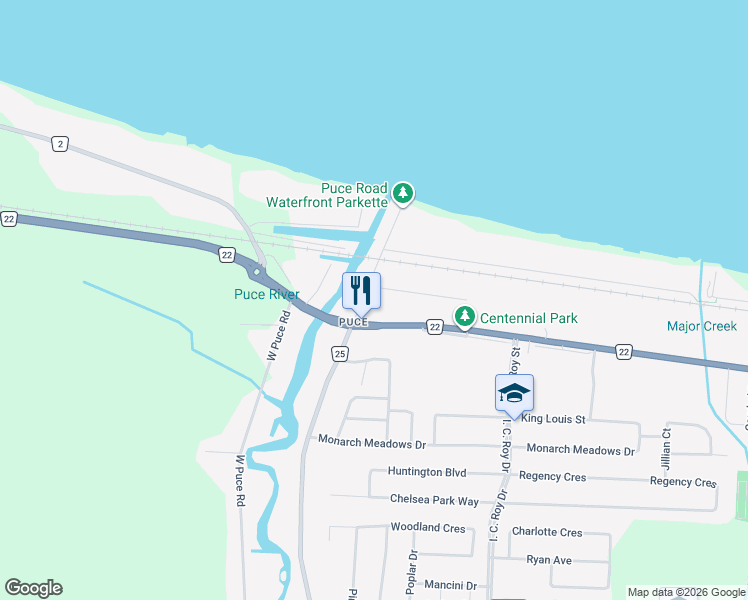 map of restaurants, bars, coffee shops, grocery stores, and more near 182 East Puce Road in Belle River