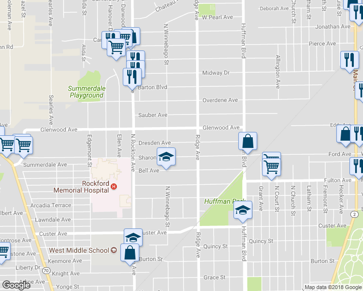 map of restaurants, bars, coffee shops, grocery stores, and more near 2204 Dresden Avenue in Rockford