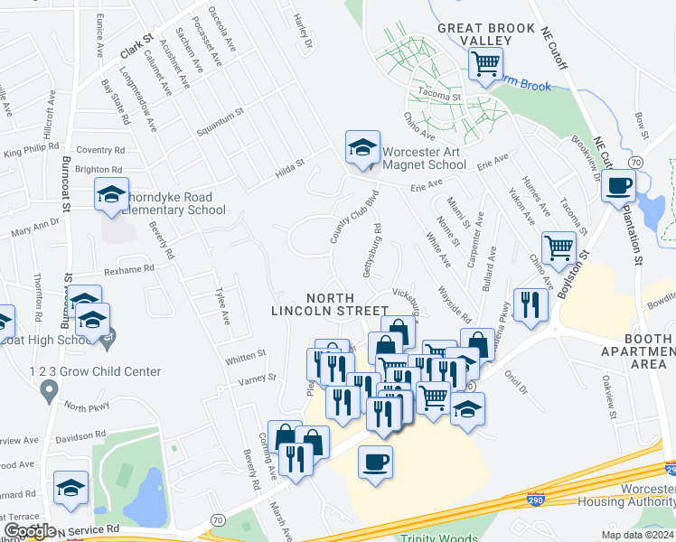 map of restaurants, bars, coffee shops, grocery stores, and more near 122 Country Club Boulevard in Worcester