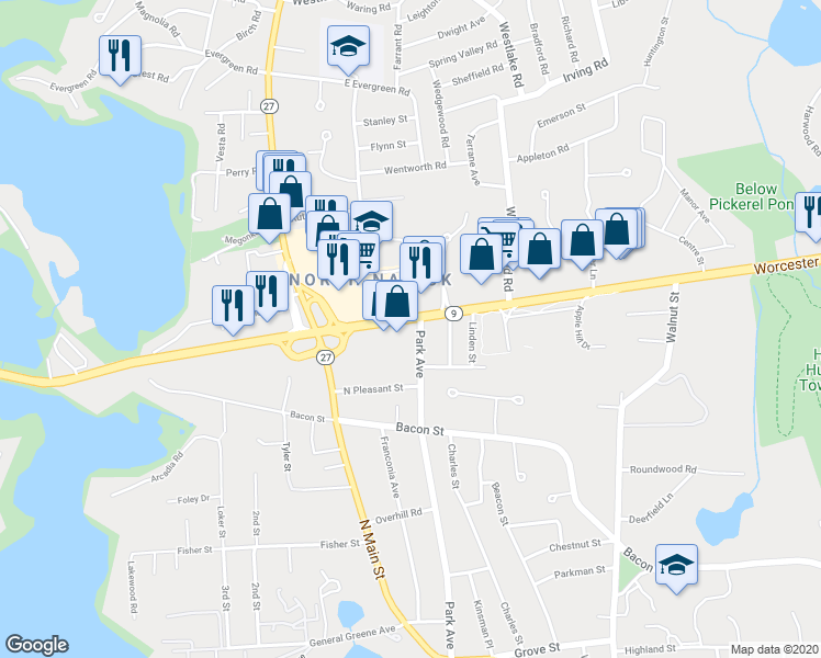 map of restaurants, bars, coffee shops, grocery stores, and more near 780 Worcester Street in Natick