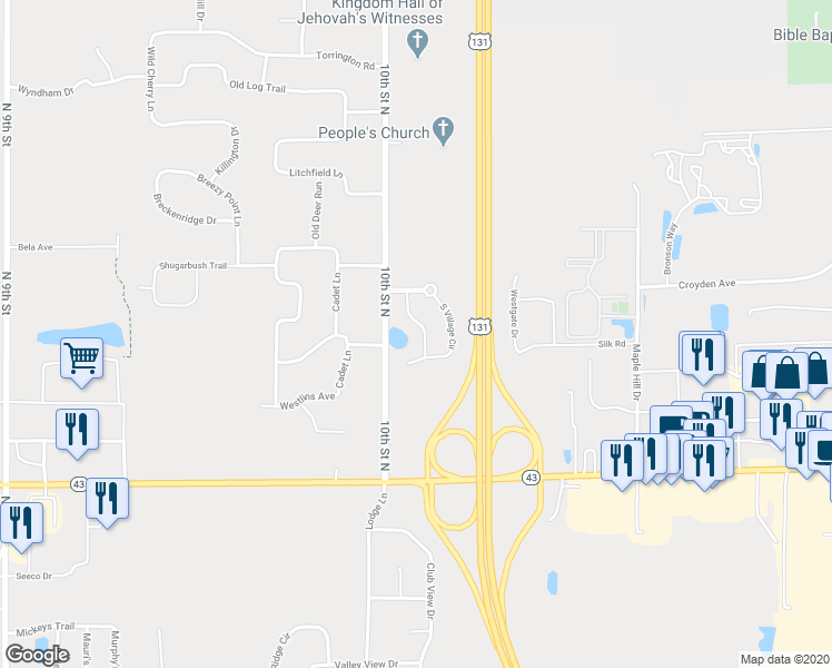 map of restaurants, bars, coffee shops, grocery stores, and more near 1253 South Village Circle in Kalamazoo
