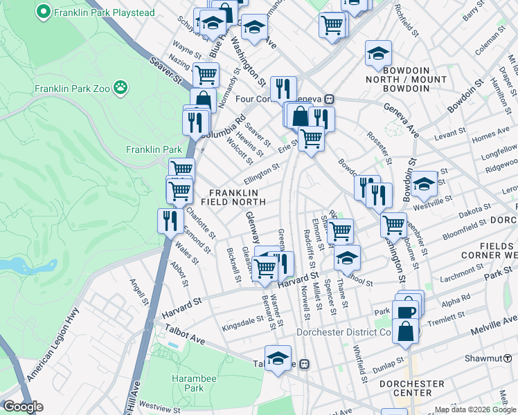 map of restaurants, bars, coffee shops, grocery stores, and more near 32 Harlem Street in Boston