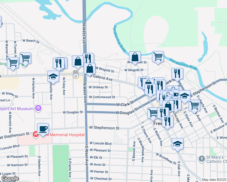 map of restaurants, bars, coffee shops, grocery stores, and more near 421 North Nursery Avenue in Freeport
