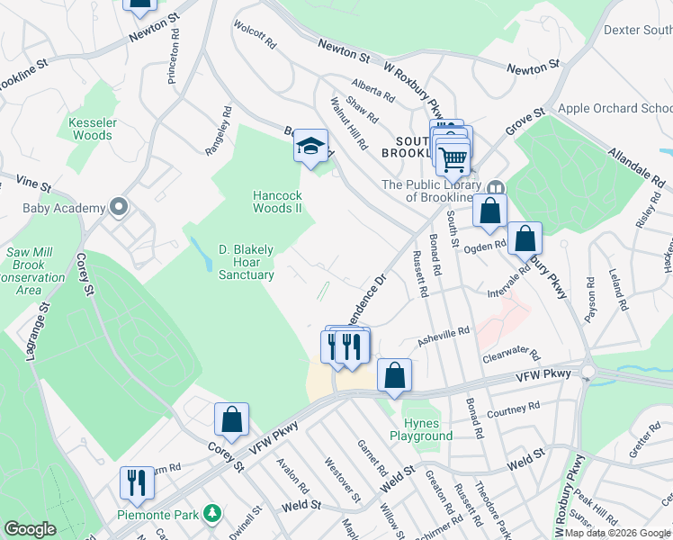 map of restaurants, bars, coffee shops, grocery stores, and more near 17 Sherman Road in Brookline